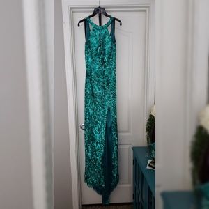 MacDuggal Teal Sequined Open Back Halter Gown